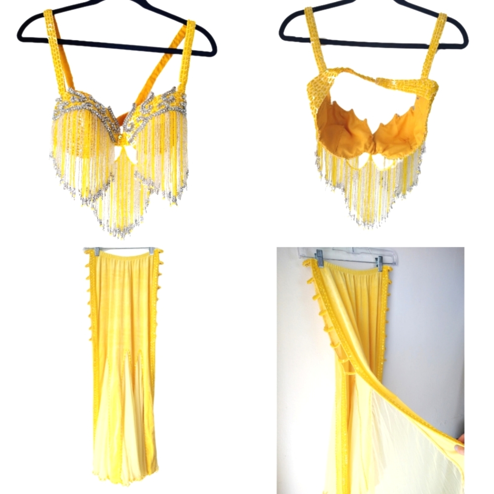 STUNNING Three Piece Handmade Dance Costume, Yellow with sequins and beads, S